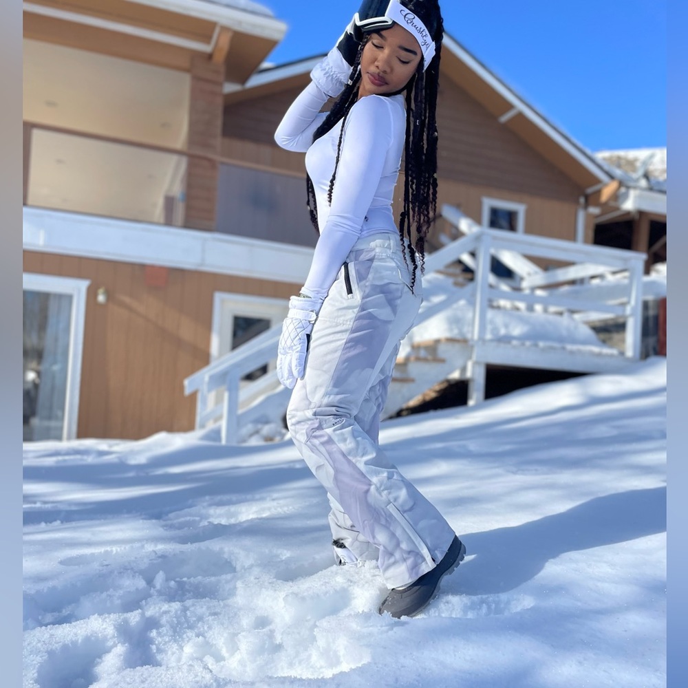 slick gray and white snow pants